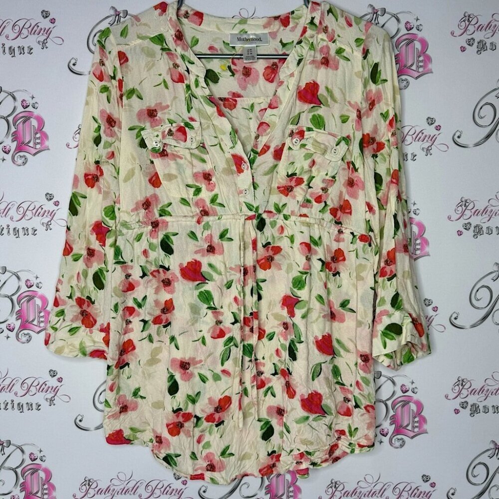 Floral blouse cinch at waist cream yellow white red green orange flowers cute